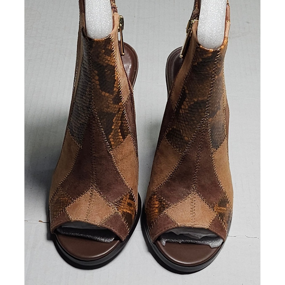 C‎ Wonder Ivy Tan Brown Patchwork Snakeskin Suede Peep Toe Block Heel Booties 5M